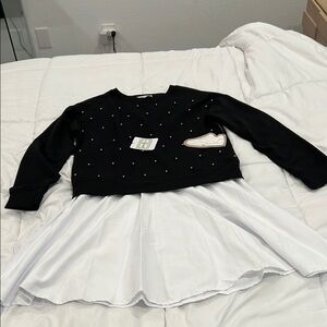 Chic Black and White Dress with Pearl Accents - Maternity